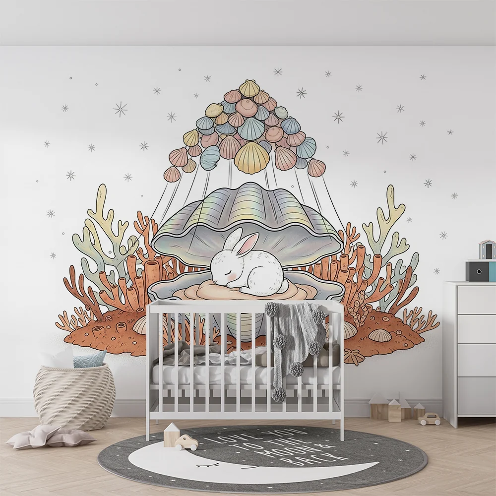 Nursery room wallpaper | Sleeping rabbit shell