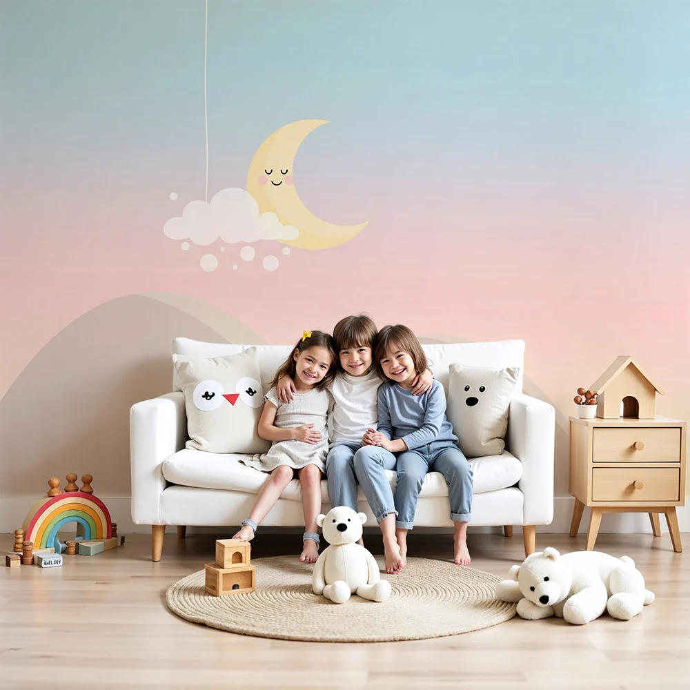 Nursery room wallpaper | Smiling moon and soft clouds