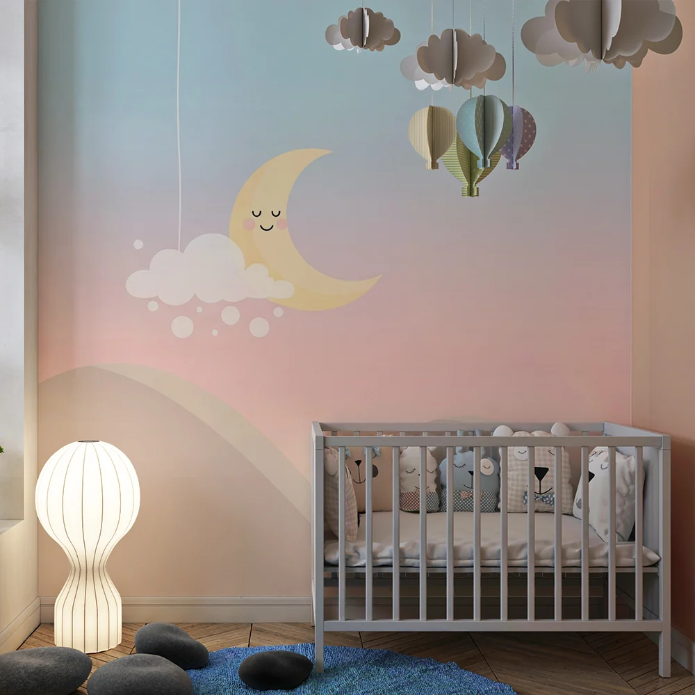 Nursery room wallpaper | Smiling moon and soft clouds