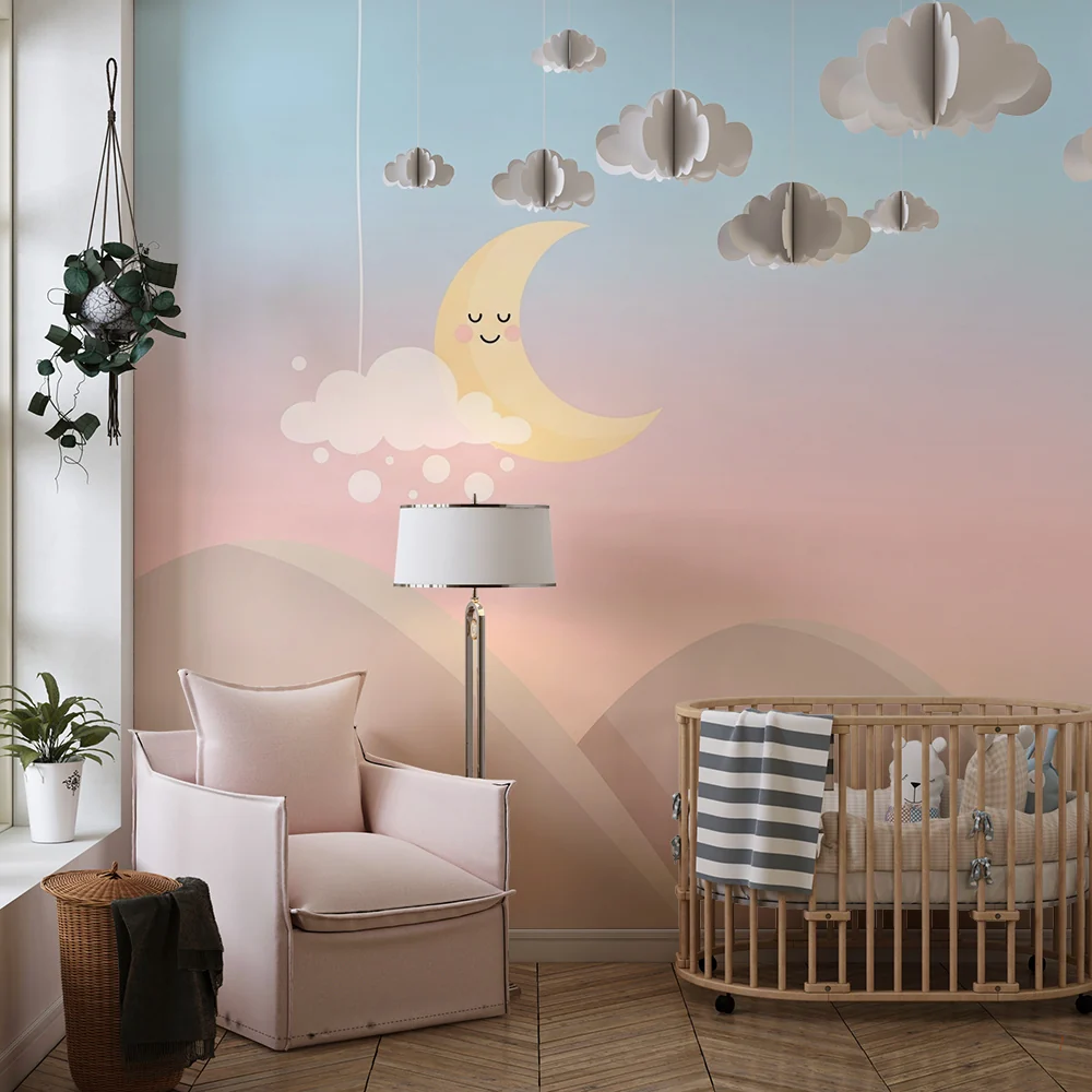 Nursery room wallpaper | Smiling moon and soft clouds