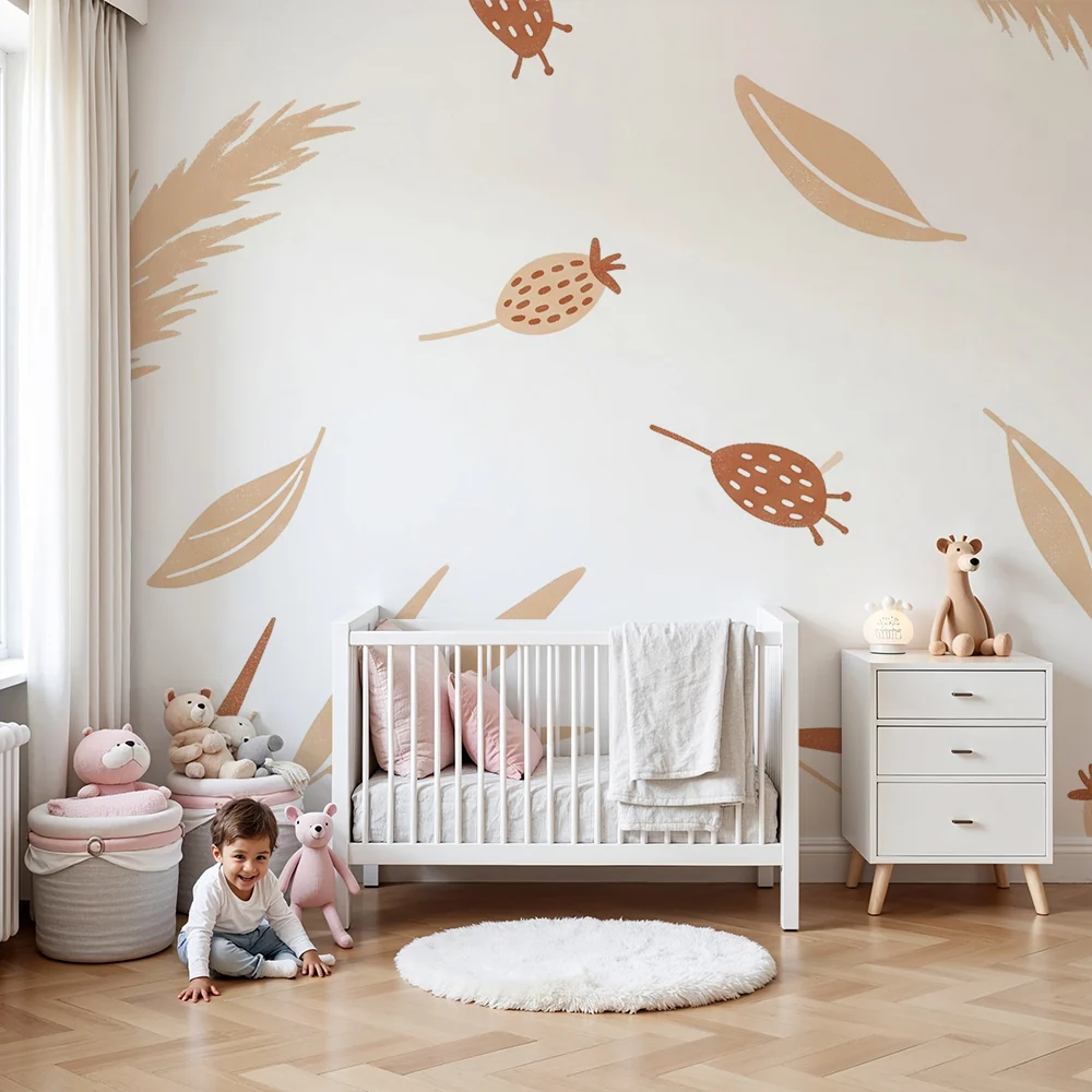 Nursery room wallpaper | Soft botanical motifs leaves and berries