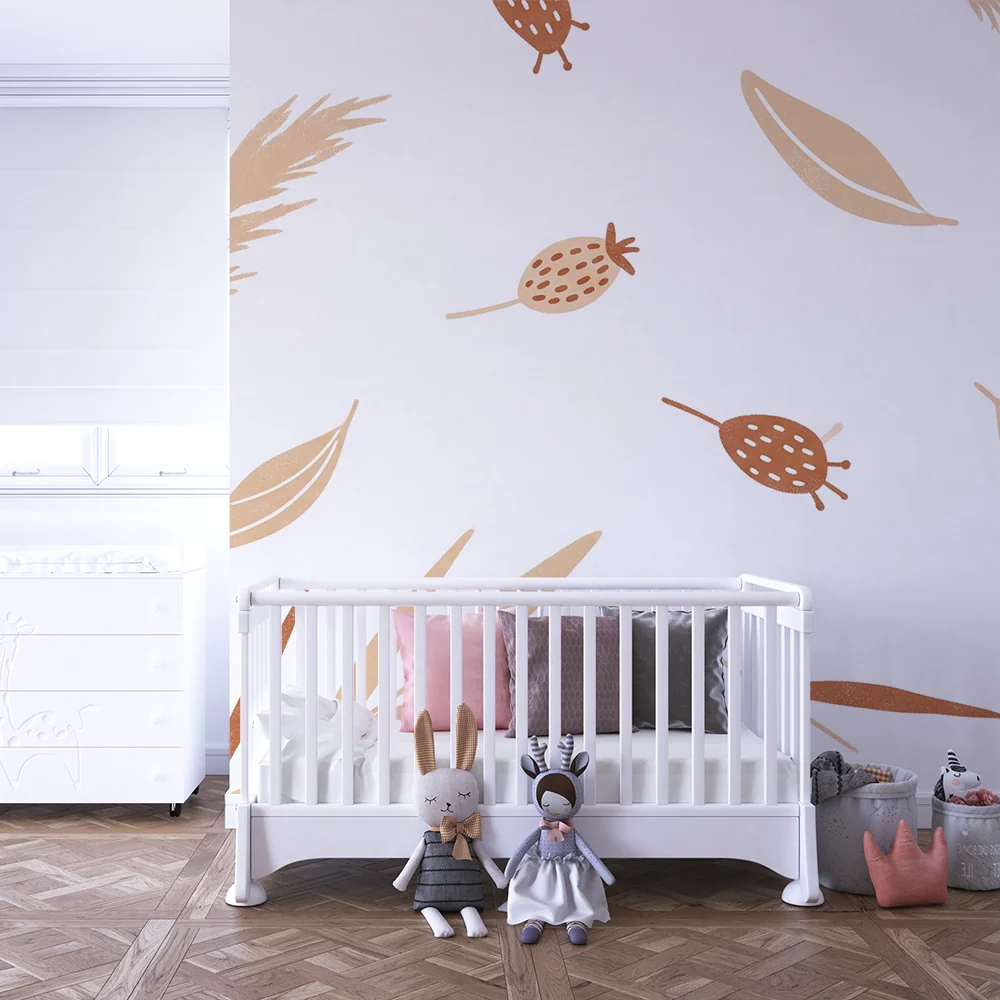 Nursery room wallpaper | Soft botanical motifs leaves and berries