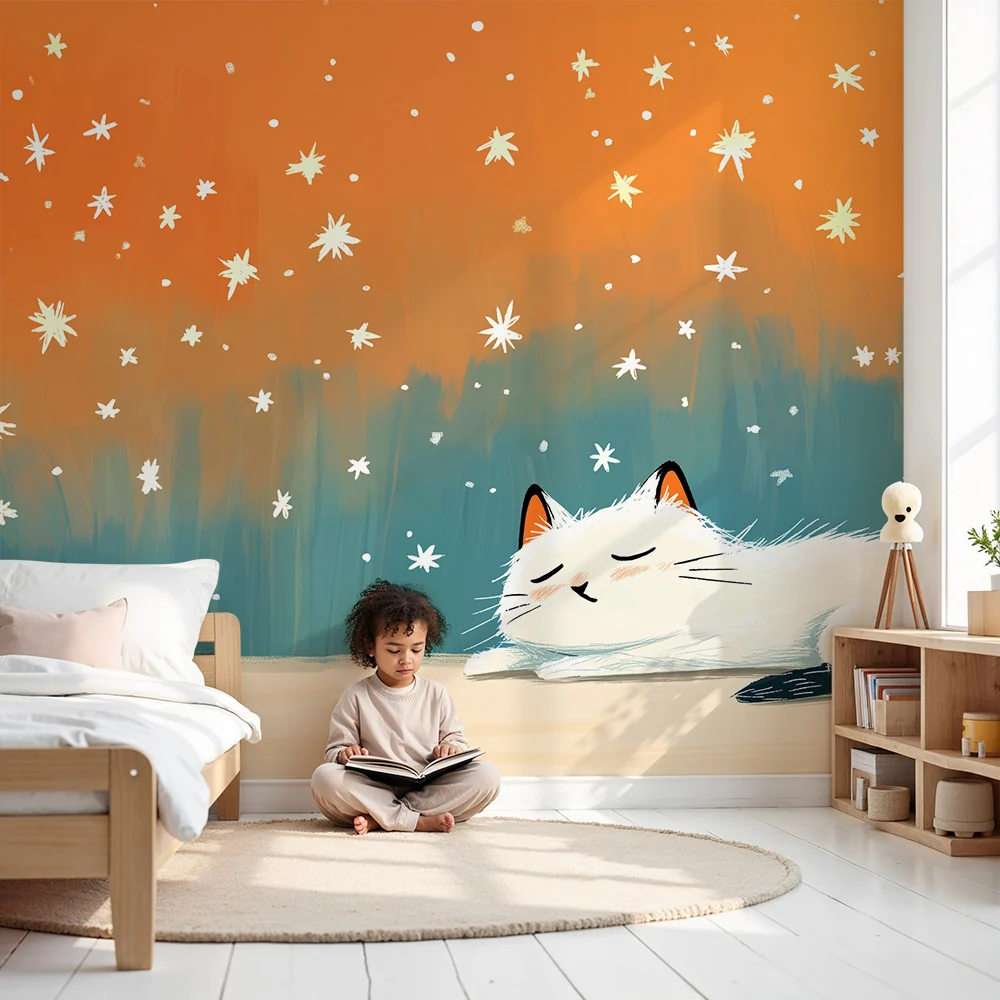 Nursery room wallpaper | Soft cat and starry sky
