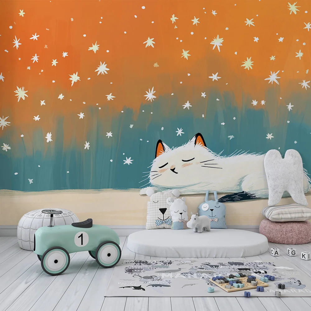 Nursery room wallpaper | Soft cat and starry sky