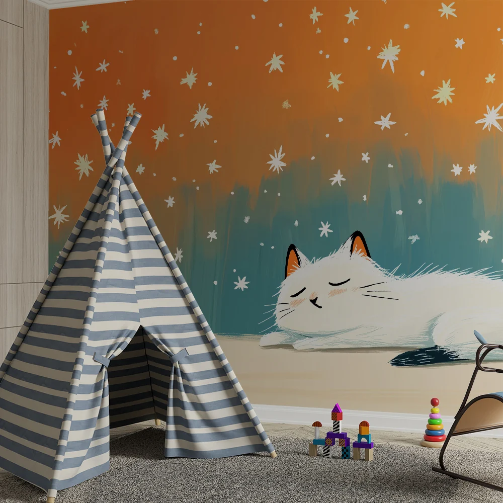 Nursery room wallpaper | Soft cat and starry sky