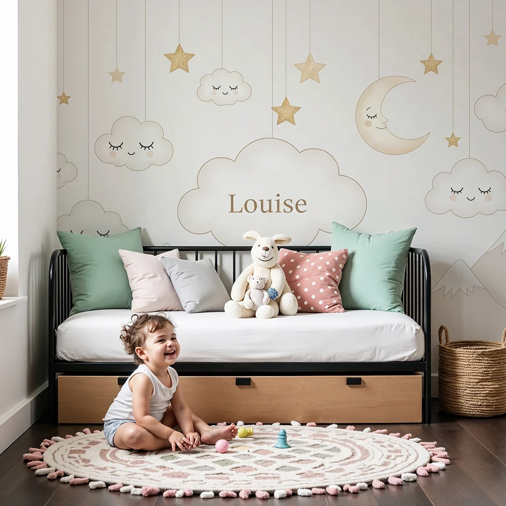 Nursery room wallpaper | Soft clouds and golden stars soothing universe