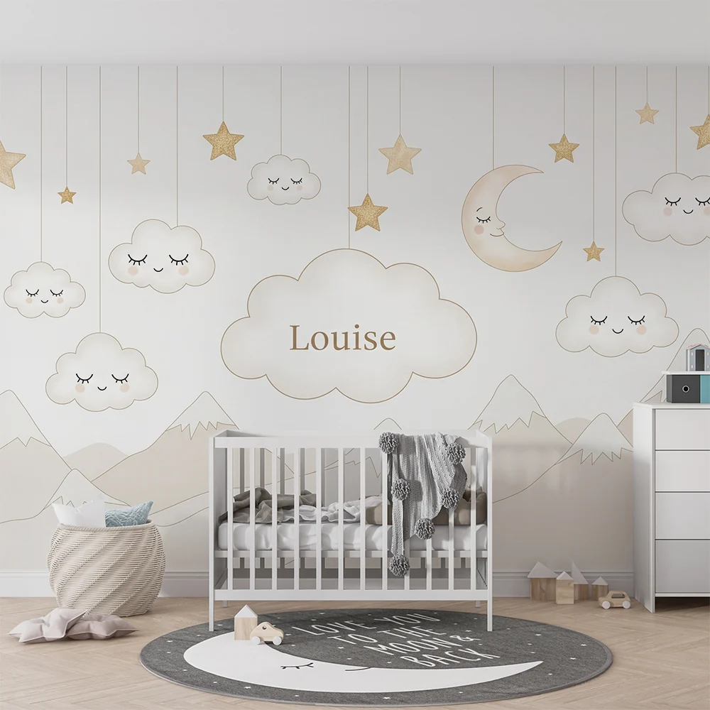 Nursery room wallpaper | Soft clouds and golden stars soothing universe