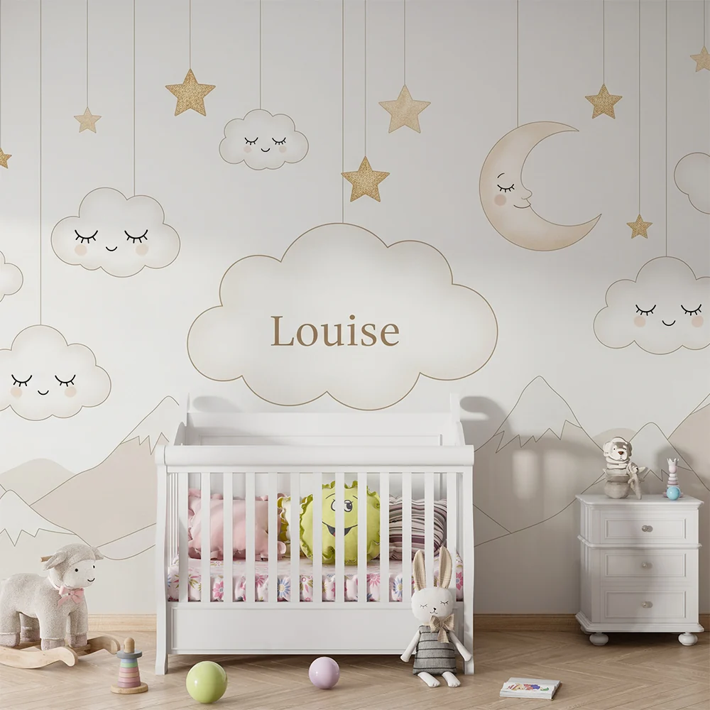 Nursery room wallpaper | Soft clouds and golden stars soothing universe