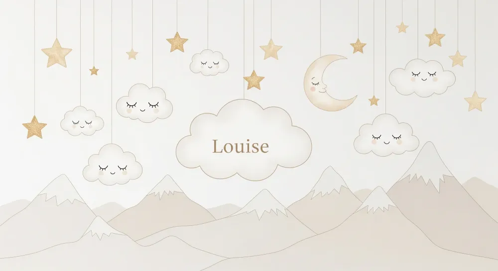 Nursery room wallpaper | Soft clouds and golden stars soothing universe