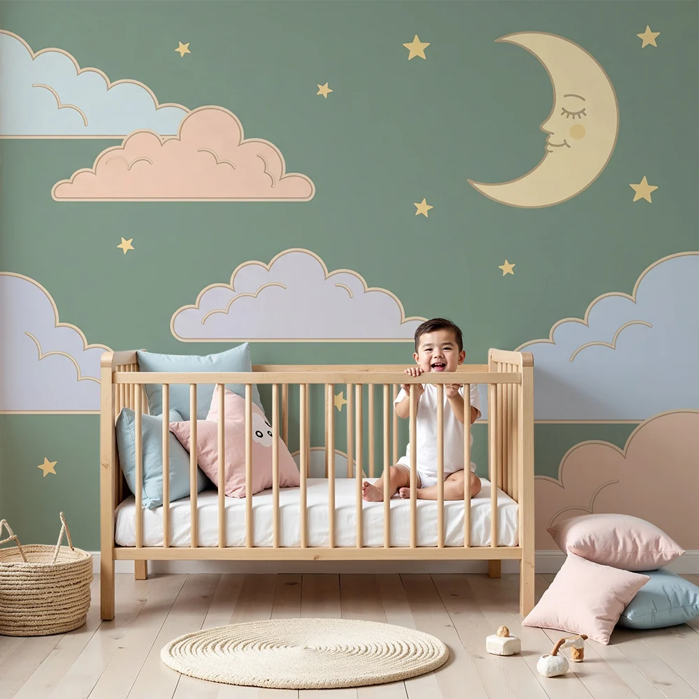 Nursery room wallpaper | Soft clouds and smiling moon