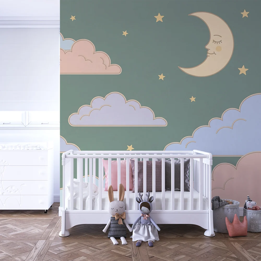 Nursery room wallpaper | Soft clouds and smiling moon