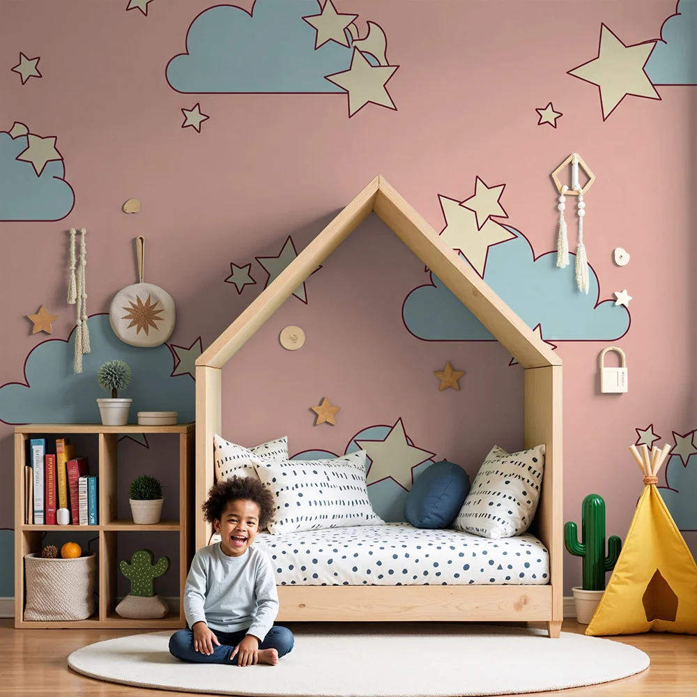 Nursery room wallpaper | Soft clouds and sparkling stars on pink background