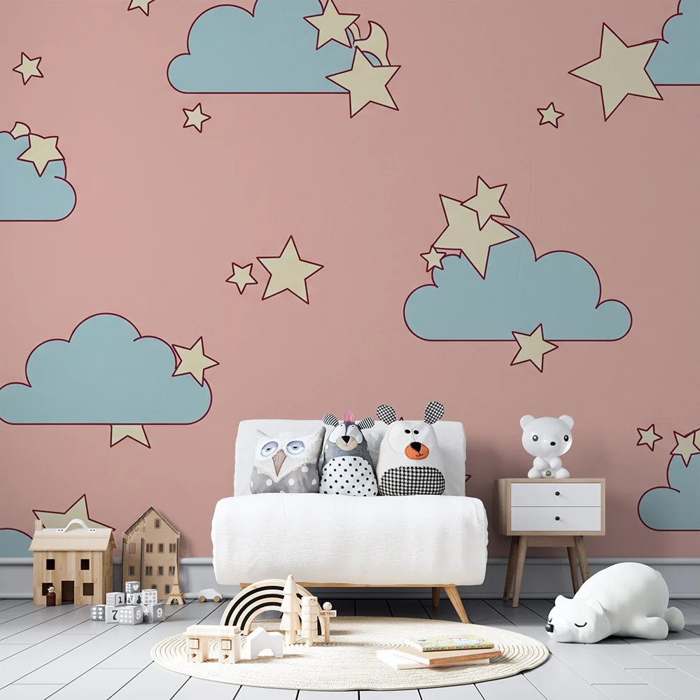 Nursery room wallpaper | Soft clouds and sparkling stars on pink background