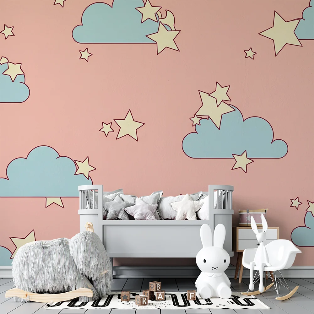 Nursery room wallpaper | Soft clouds and sparkling stars on pink background