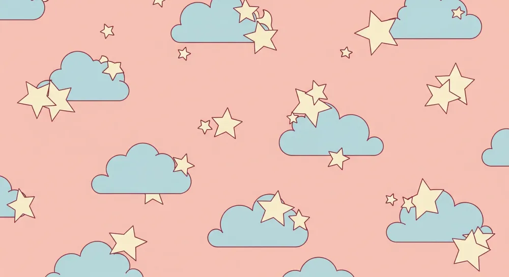 Nursery room wallpaper | Soft clouds and sparkling stars on pink background