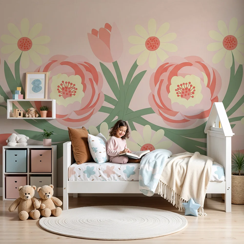 Nursery room wallpaper | Soft and colorful flowers on pink background