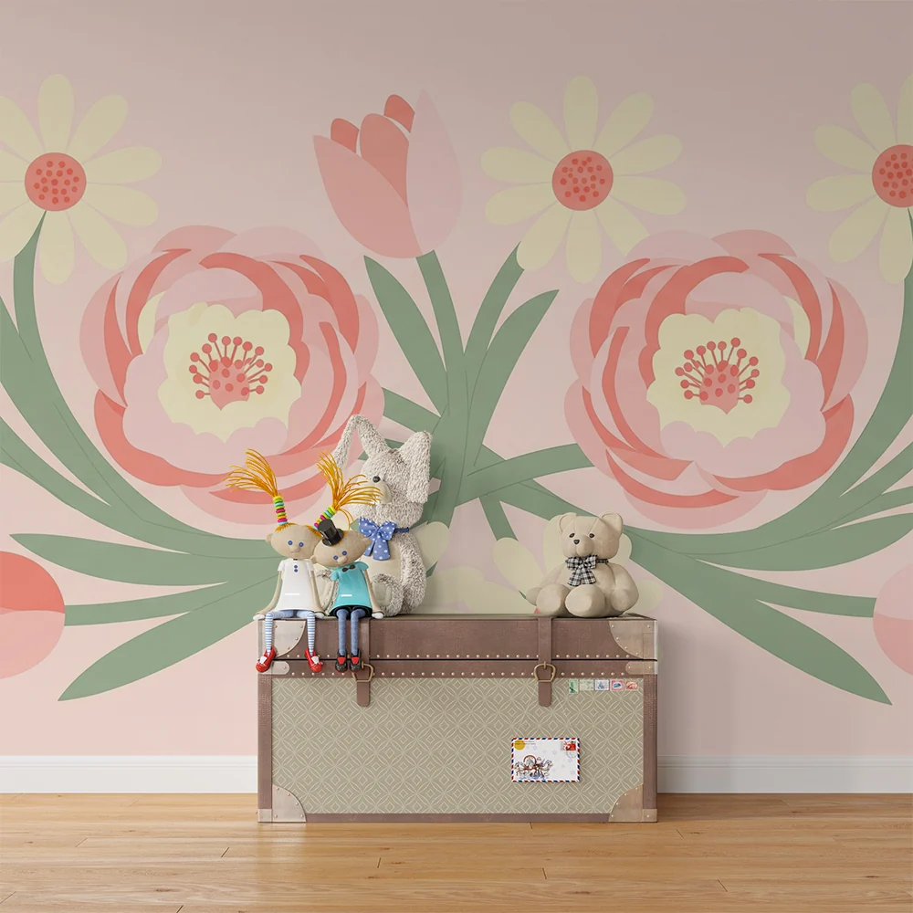 Nursery room wallpaper | Soft and colorful flowers on pink background