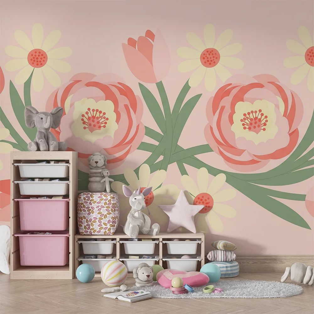 Nursery room wallpaper | Soft and colorful flowers on pink background