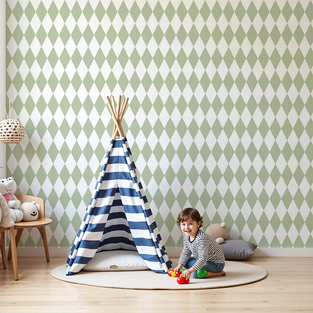 Nursery room wallpaper | Soft diamond pattern light green