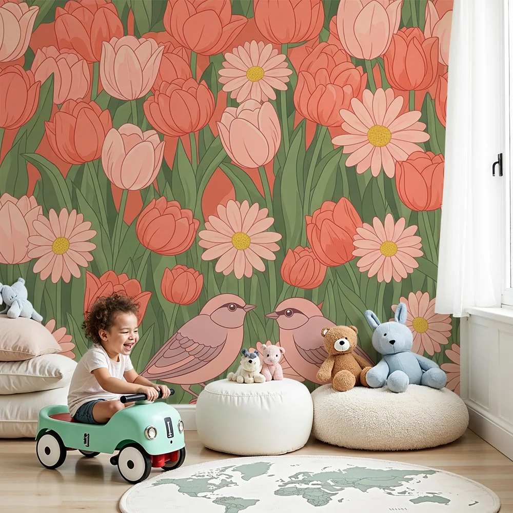 Nursery room wallpaper | Soft flowers and birds colorful garden