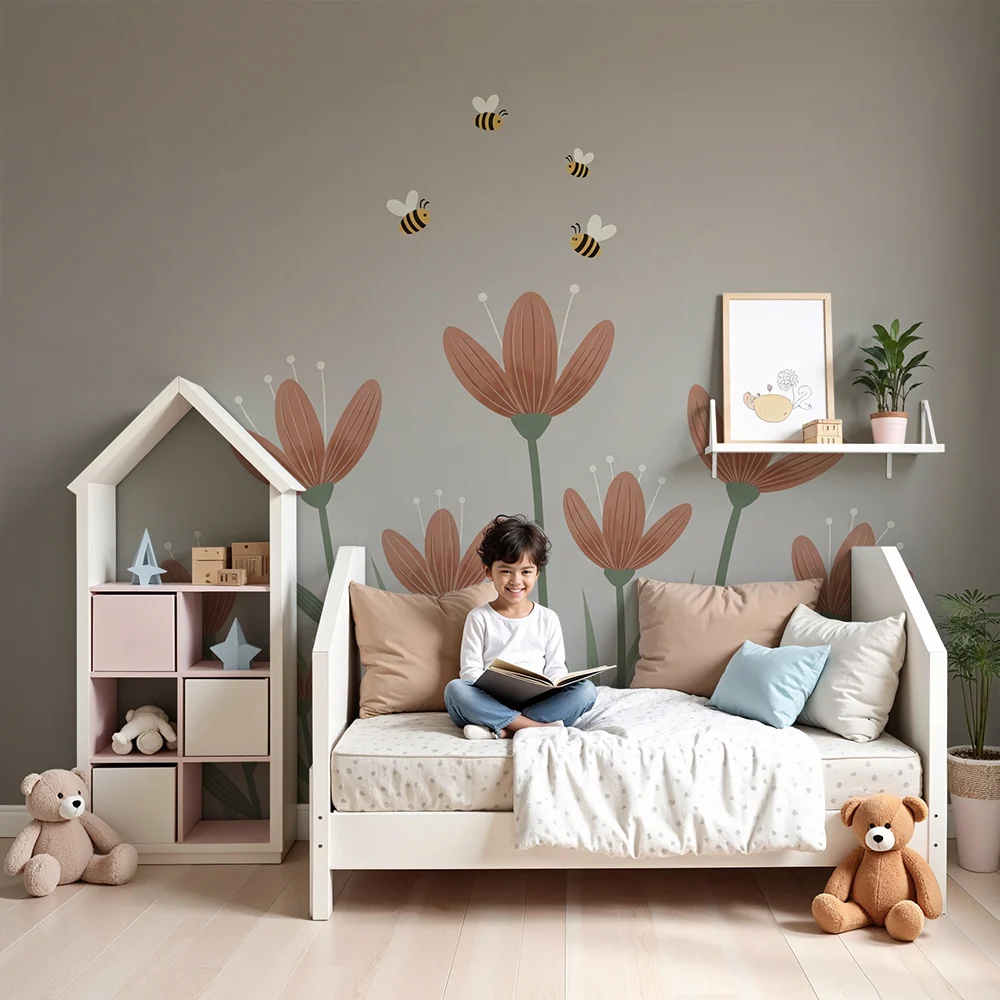 Nursery room wallpaper | Soft flowers and happy bees on taupe background