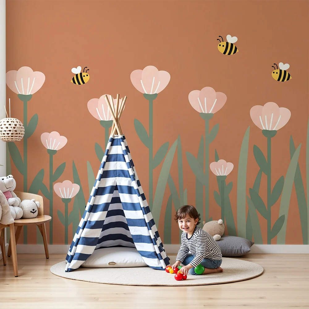 Nursery room wallpaper | Soft flowers and happy bees