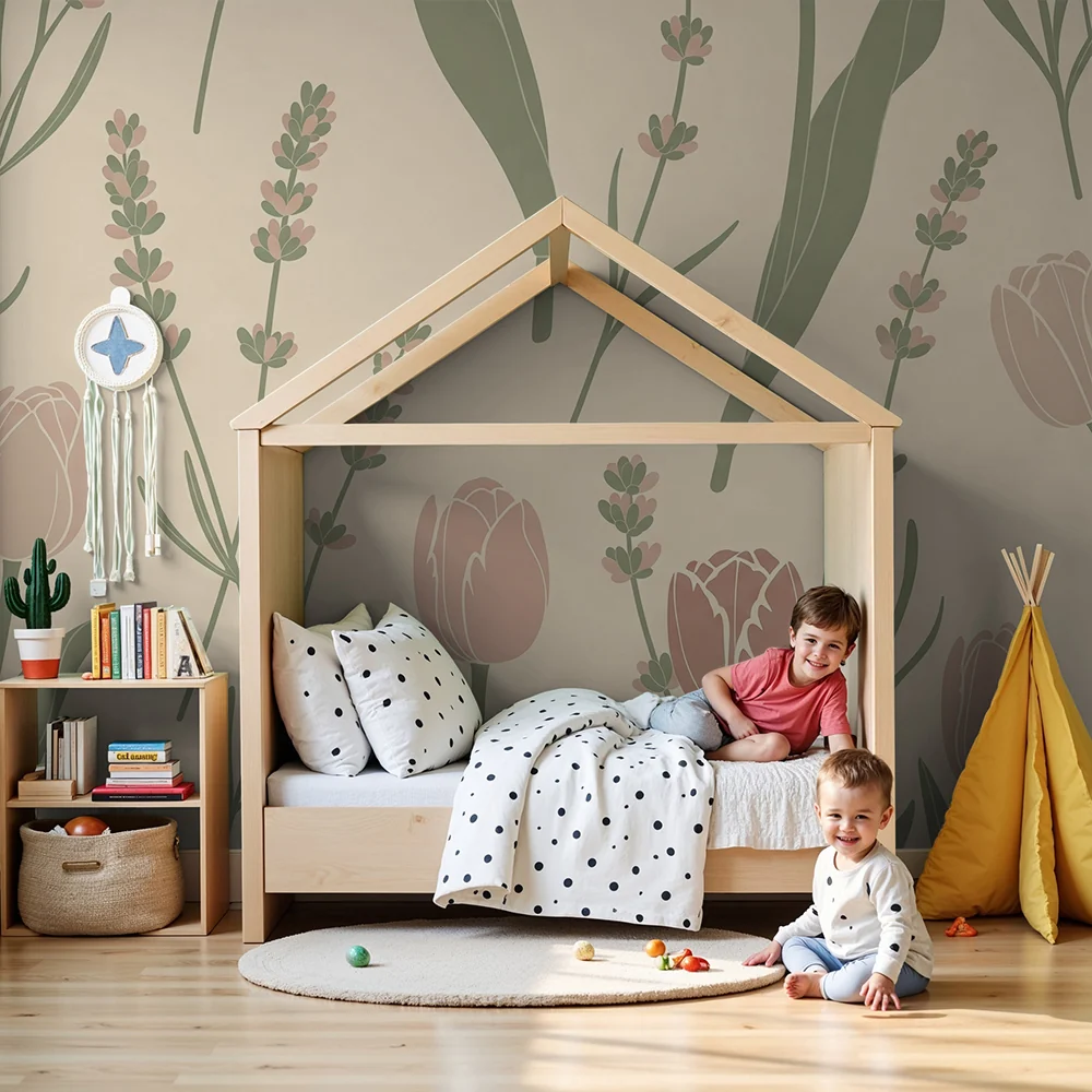 Nursery room wallpaper | Soft flowers and lavender on cream background