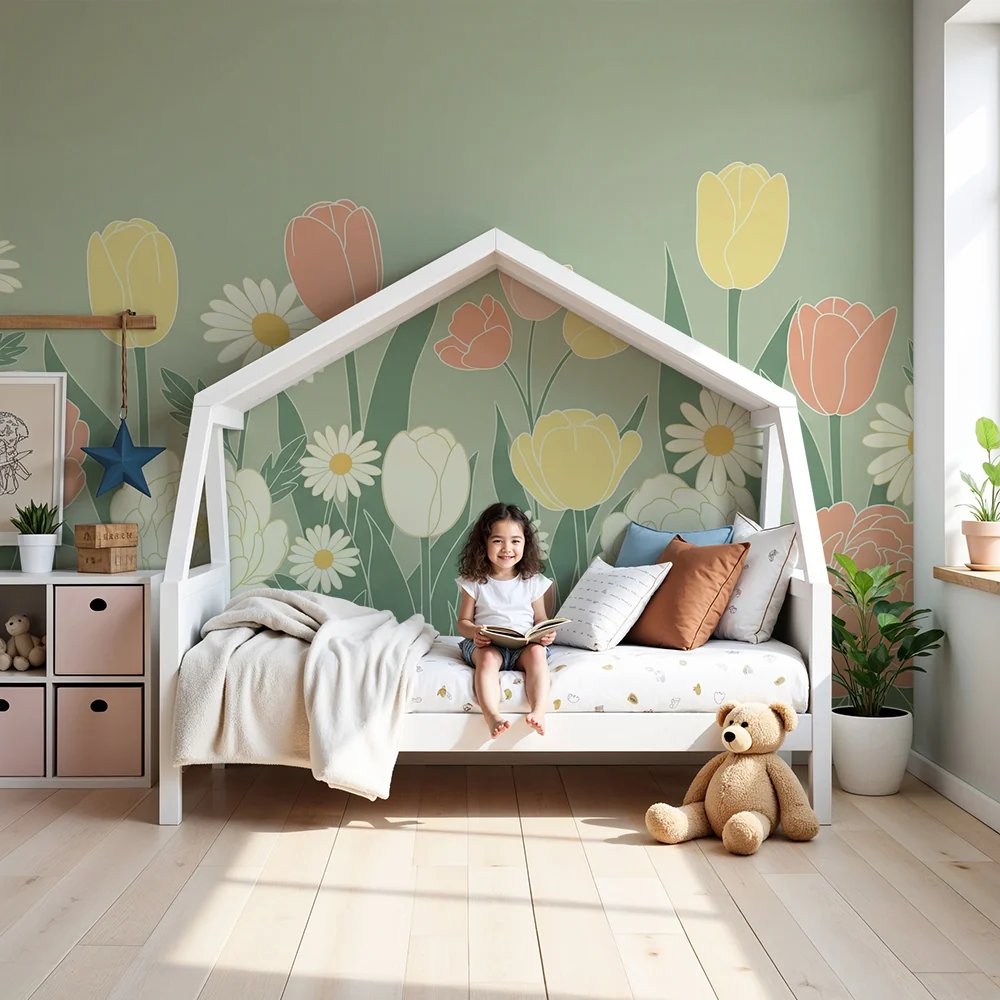Nursery room wallpaper | Soft flowers and playful rabbits