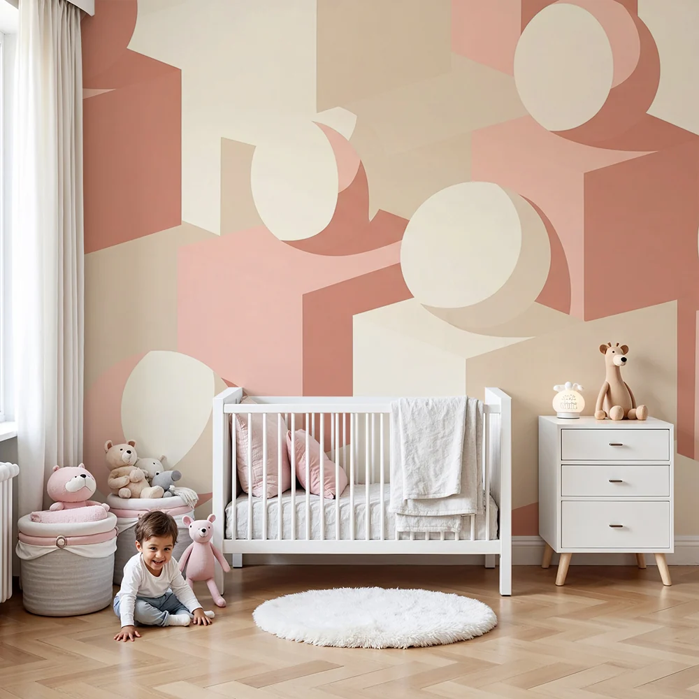 Nursery room wallpaper | Soft geometric shapes pink and beige