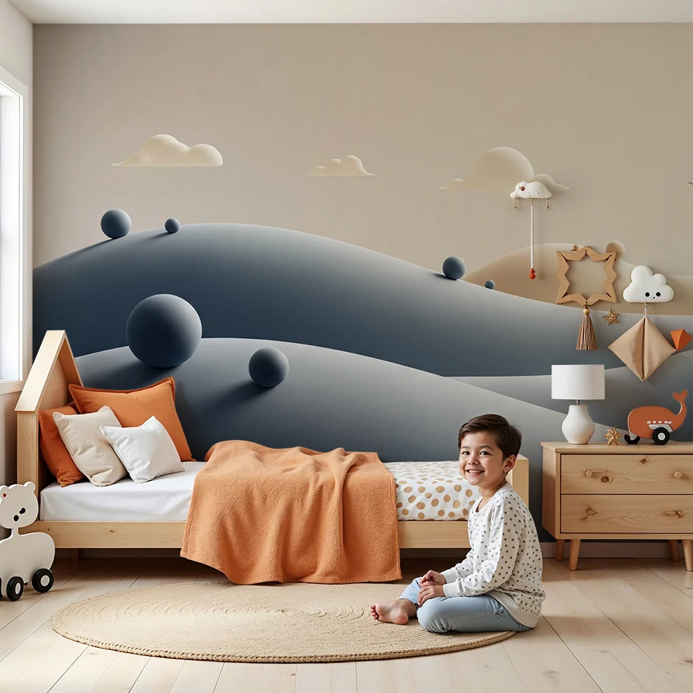 Nursery room wallpaper | Soft landscape hills and clouds