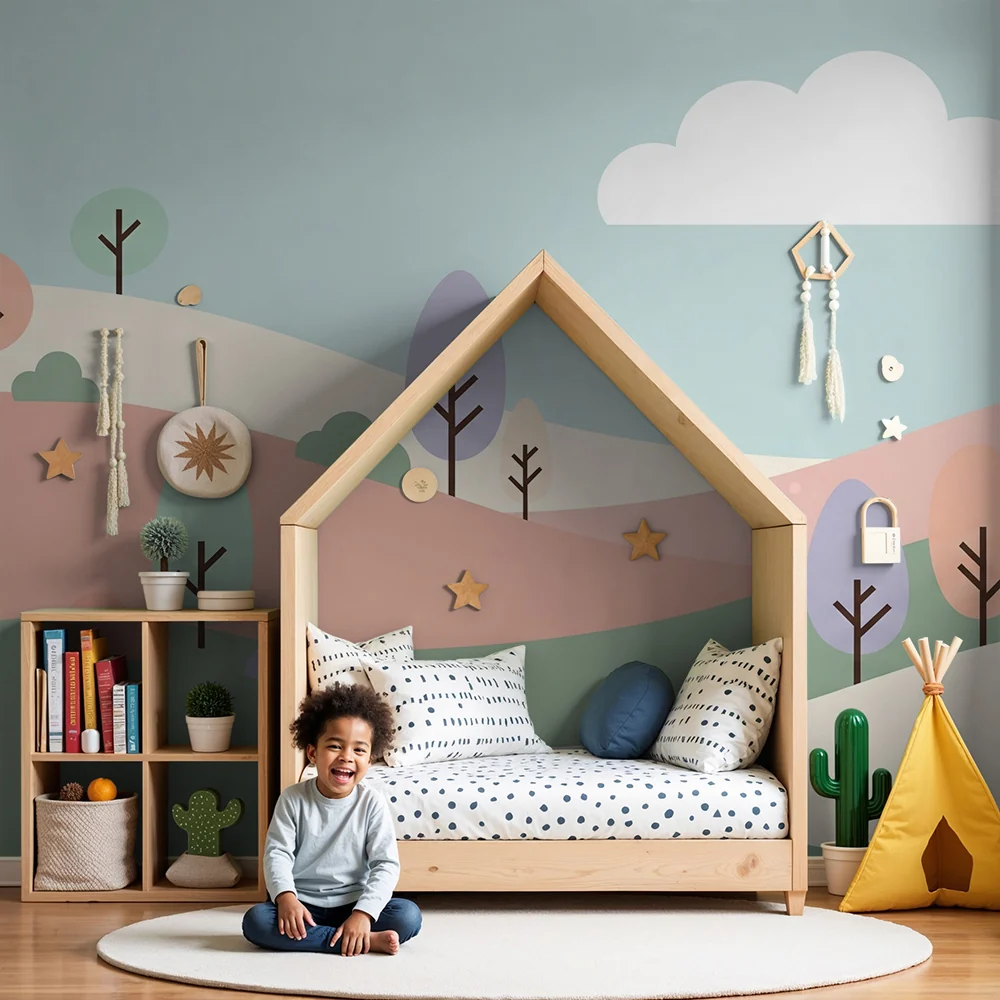 Nursery room wallpaper | Soft landscape hills and pastel trees