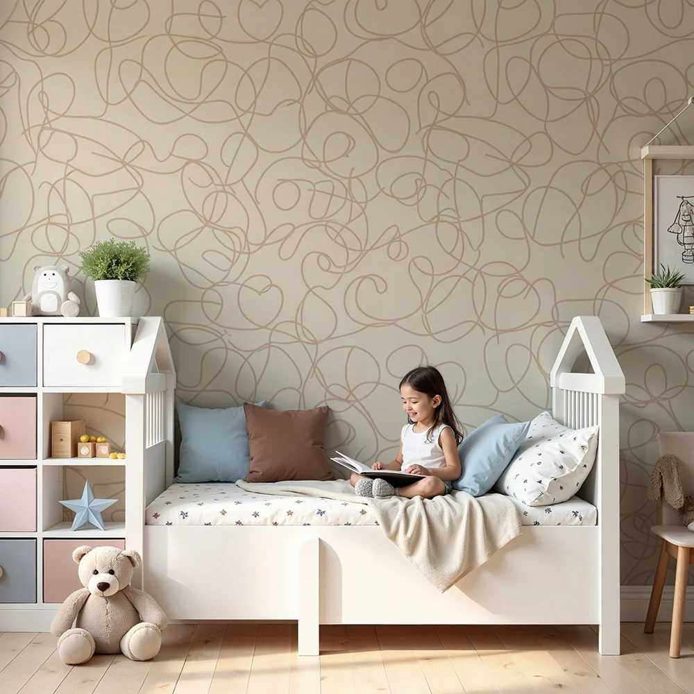 Nursery room wallpaper | Soft line patterns on beige background