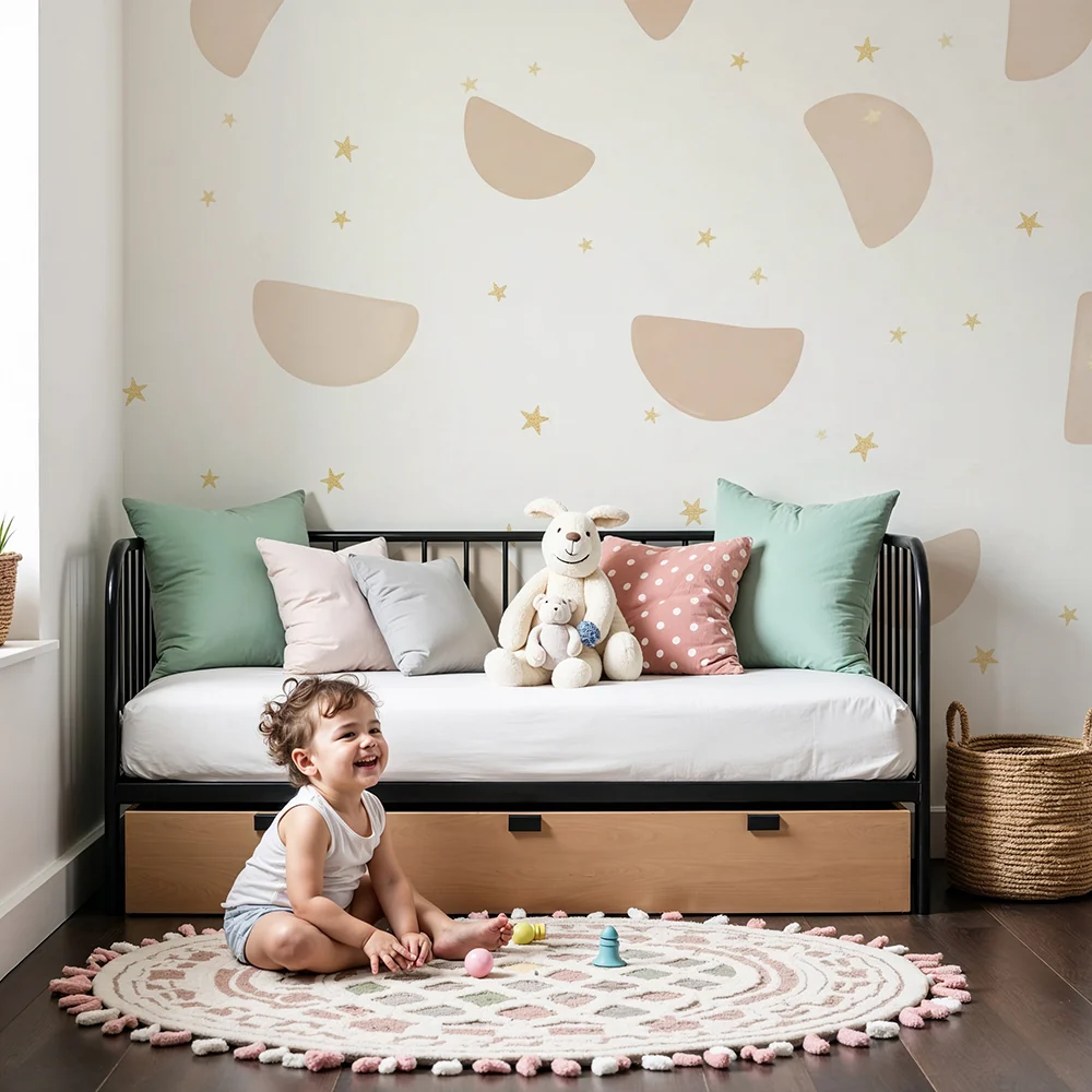 Nursery room wallpaper | Soft moons and golden stars on white background