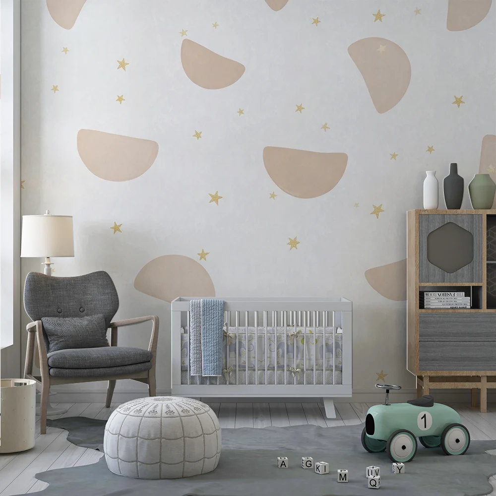 Nursery room wallpaper | Soft moons and golden stars on white background