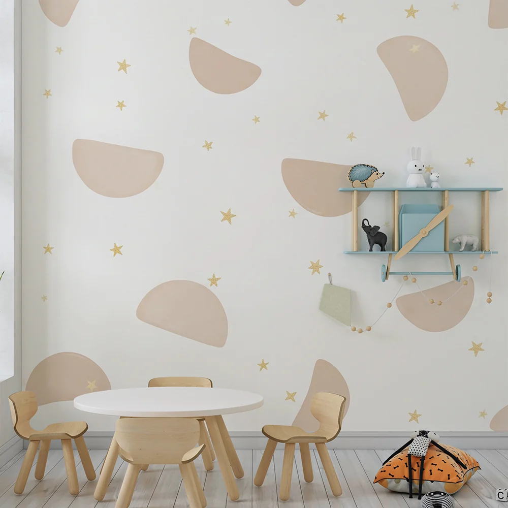 Nursery room wallpaper | Soft moons and golden stars on white background