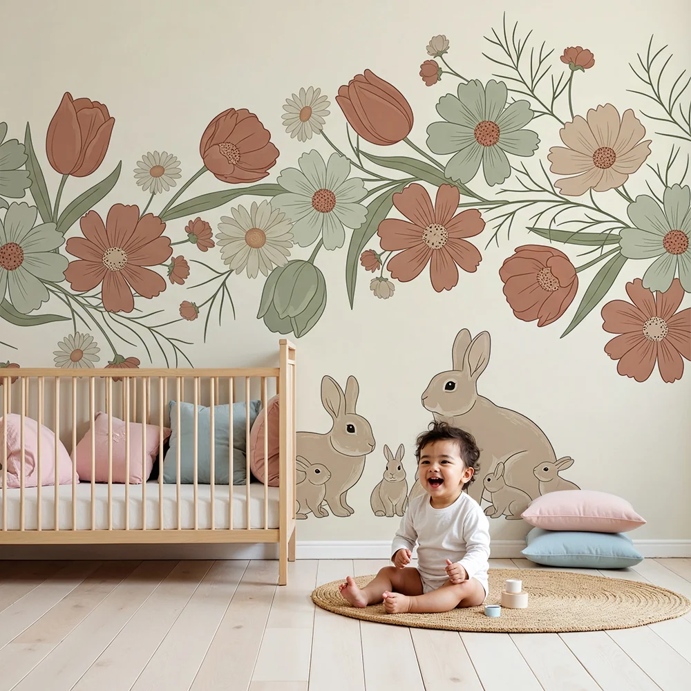 Nursery room wallpaper | Soft rabbits and flowers