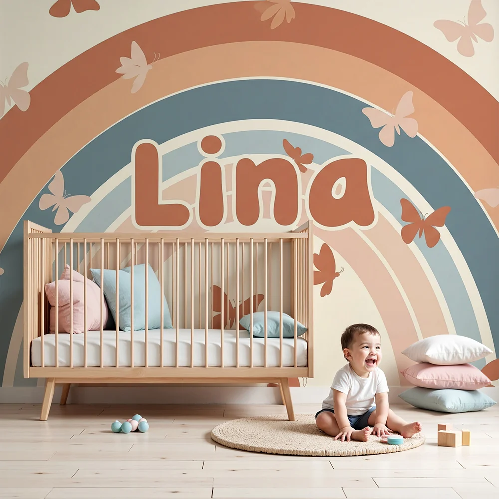 Nursery room wallpaper | Soft rainbow delicate butterflies