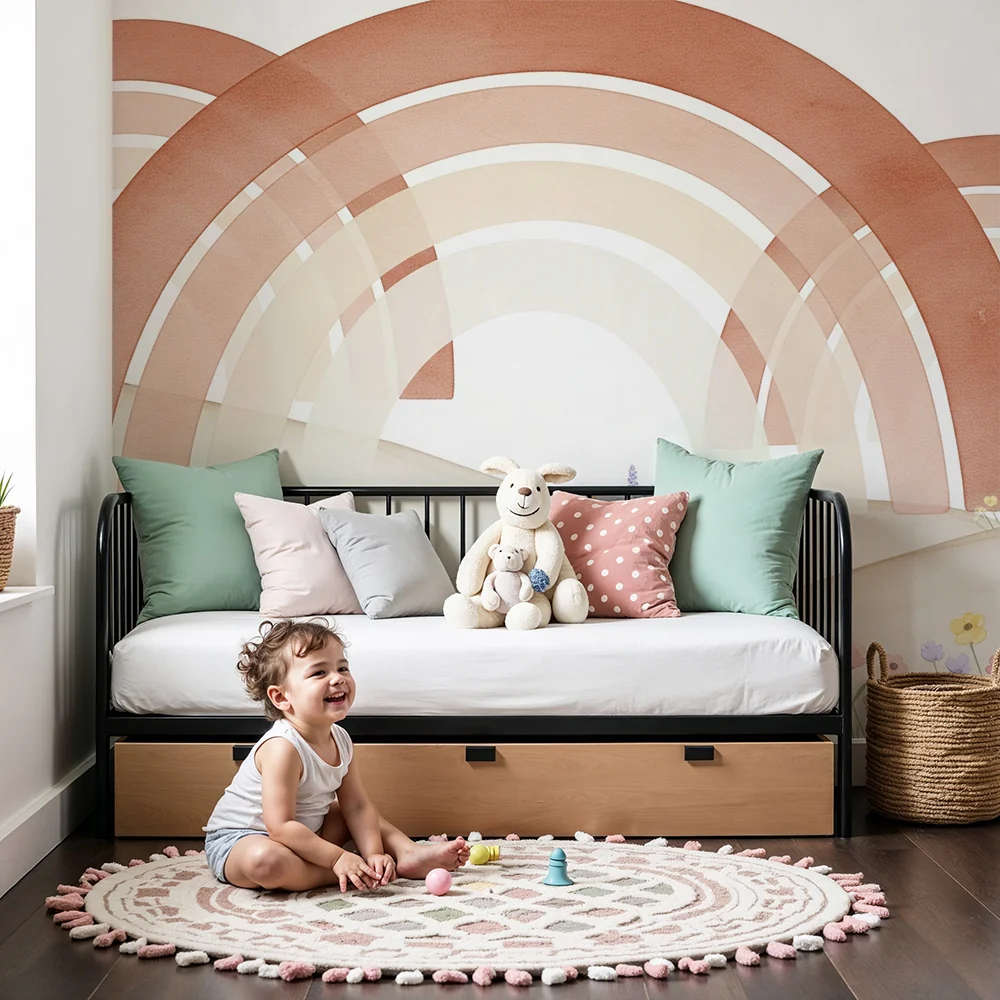 Nursery room wallpaper | Soft rainbow and delicate flowers on soothing landscape