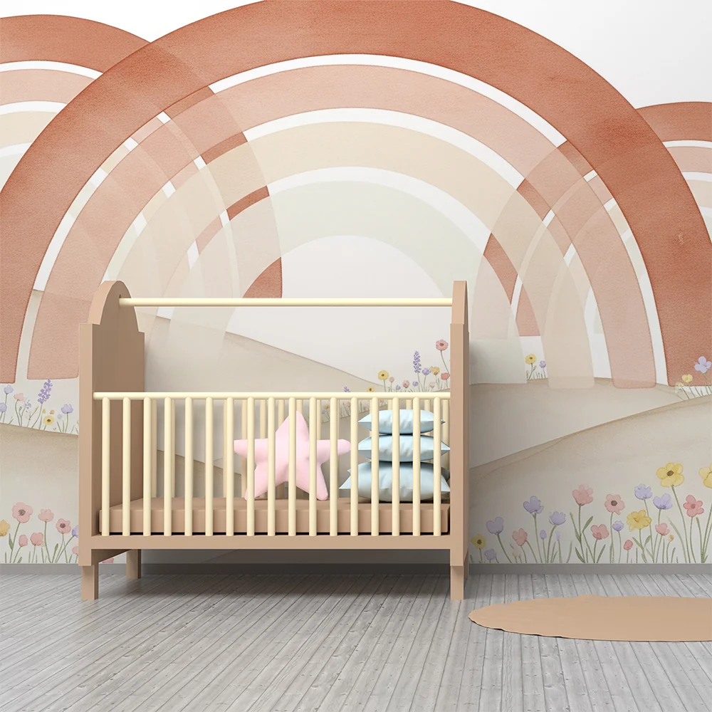 Nursery room wallpaper | Soft rainbow and delicate flowers on soothing landscape