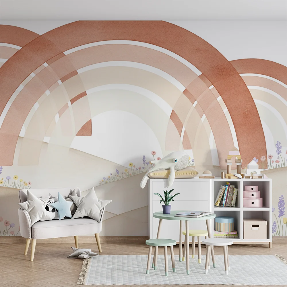 Nursery room wallpaper | Soft rainbow and delicate flowers on soothing landscape