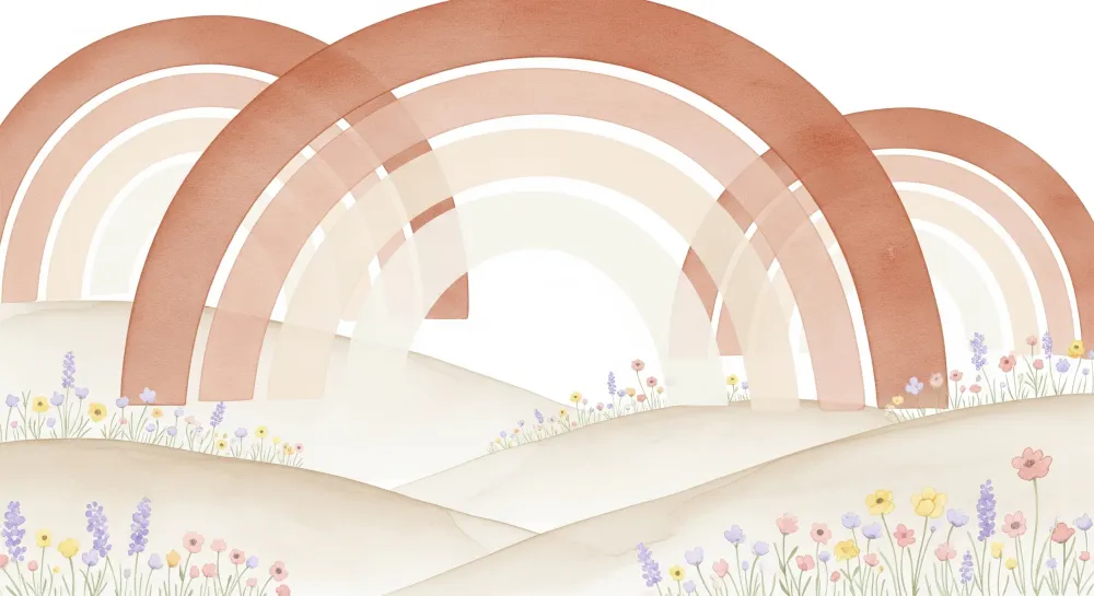Nursery room wallpaper | Soft rainbow and delicate flowers on soothing landscape
