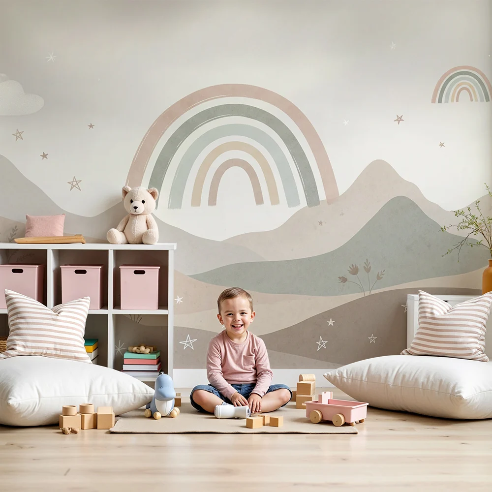 Nursery room wallpaper | Soft rainbow and soothing landscapes