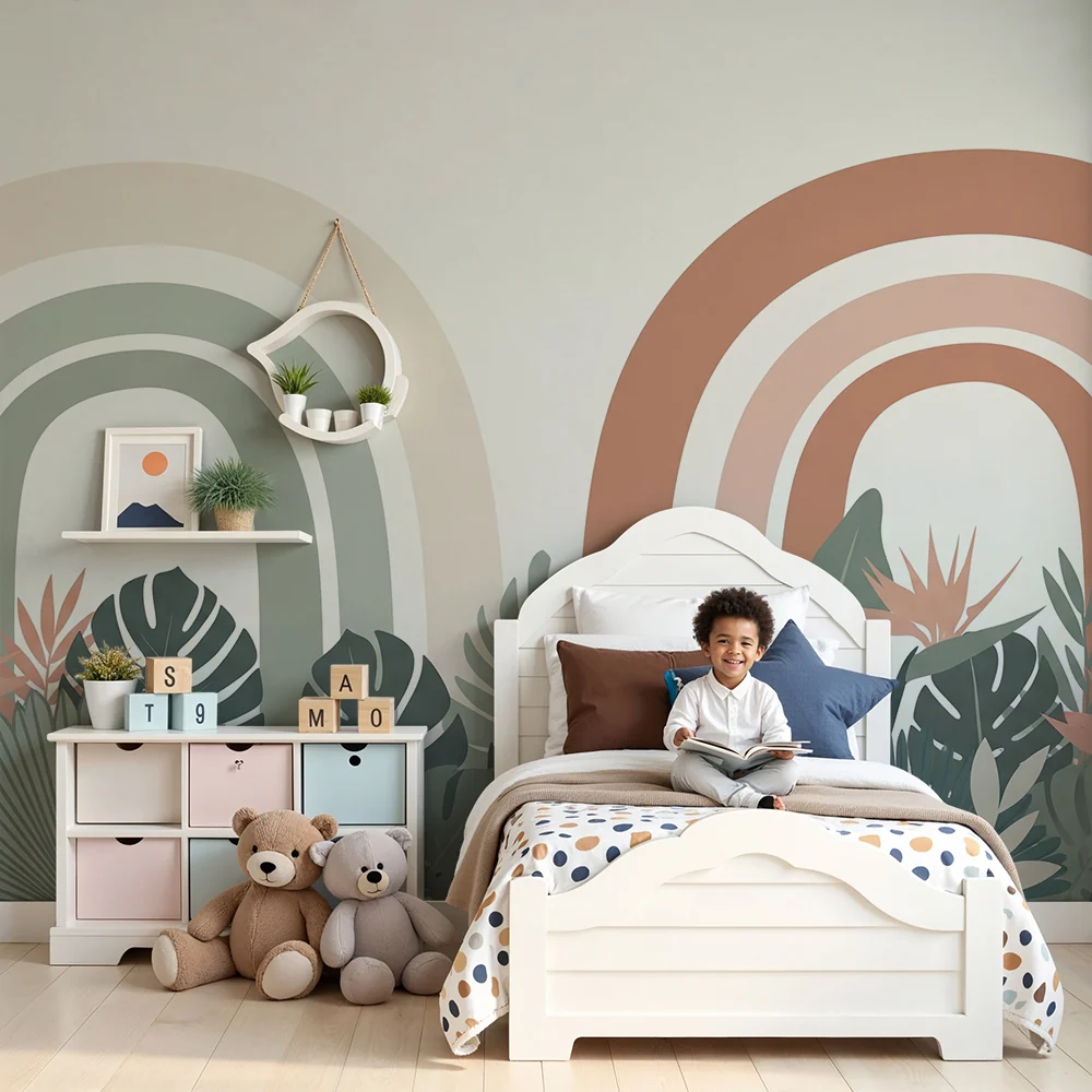 Nursery room wallpaper | Soft rainbow and soothing tropical foliage