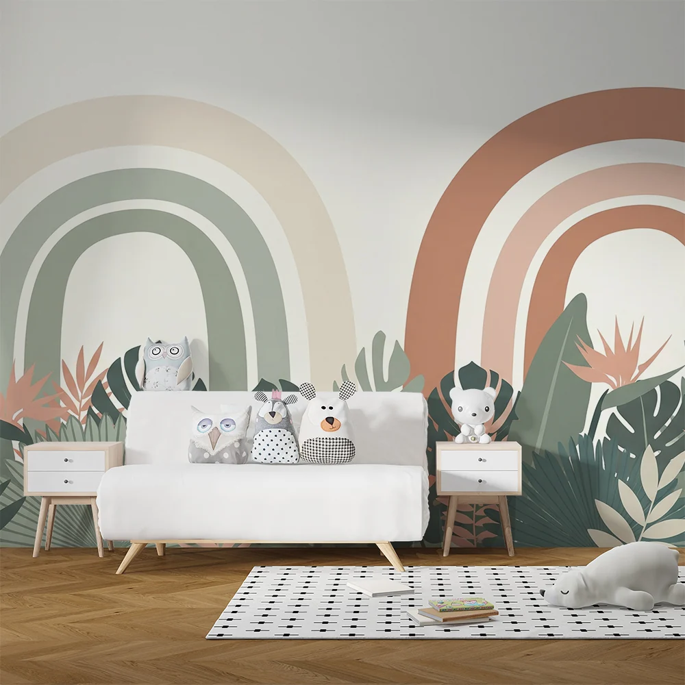 Nursery room wallpaper | Soft rainbow and soothing tropical foliage