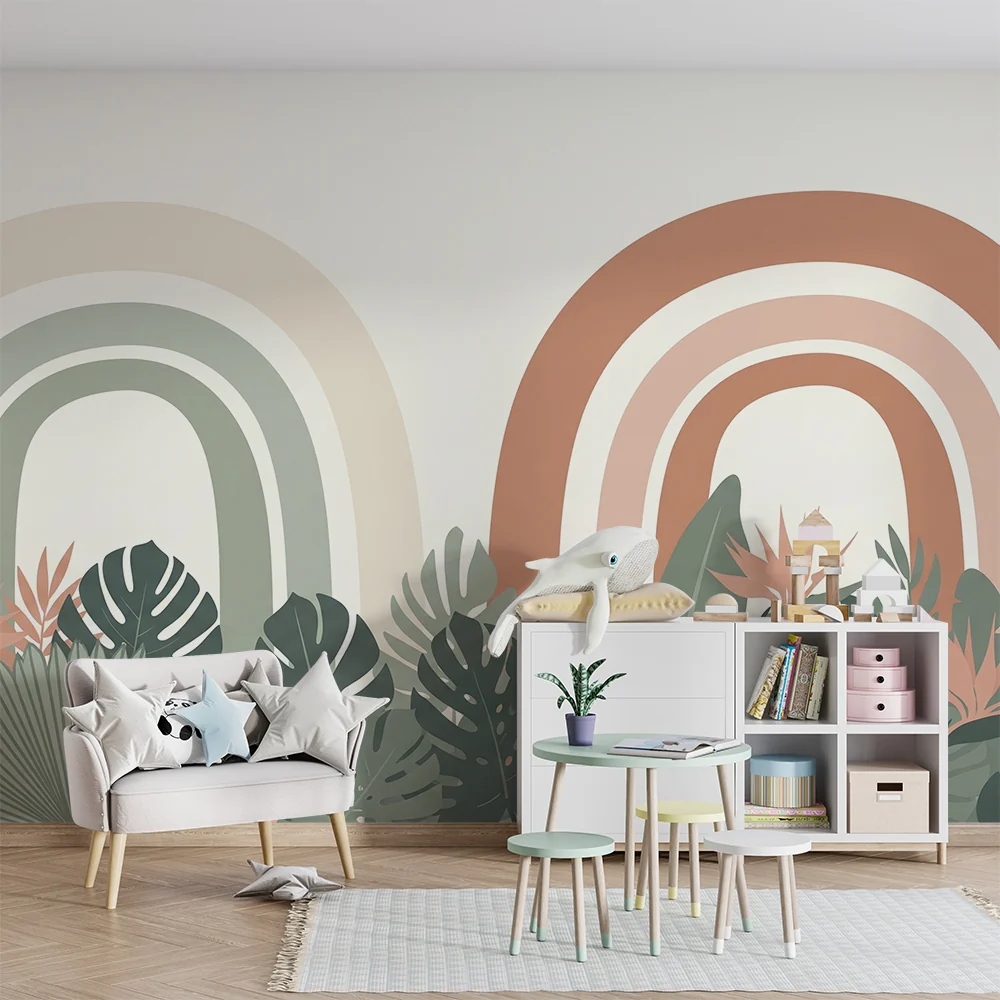 Nursery room wallpaper | Soft rainbow and soothing tropical foliage