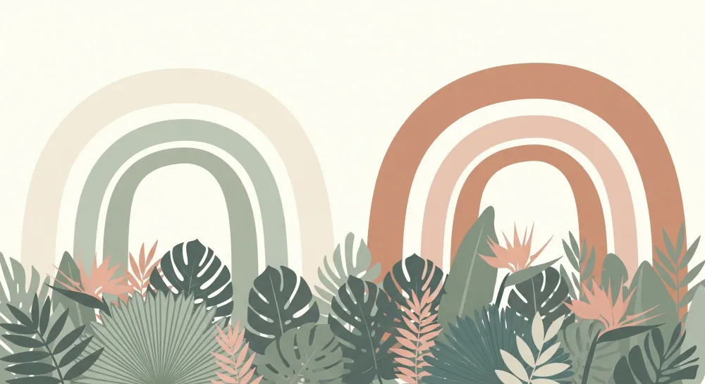 Nursery room wallpaper | Soft rainbow and soothing tropical foliage