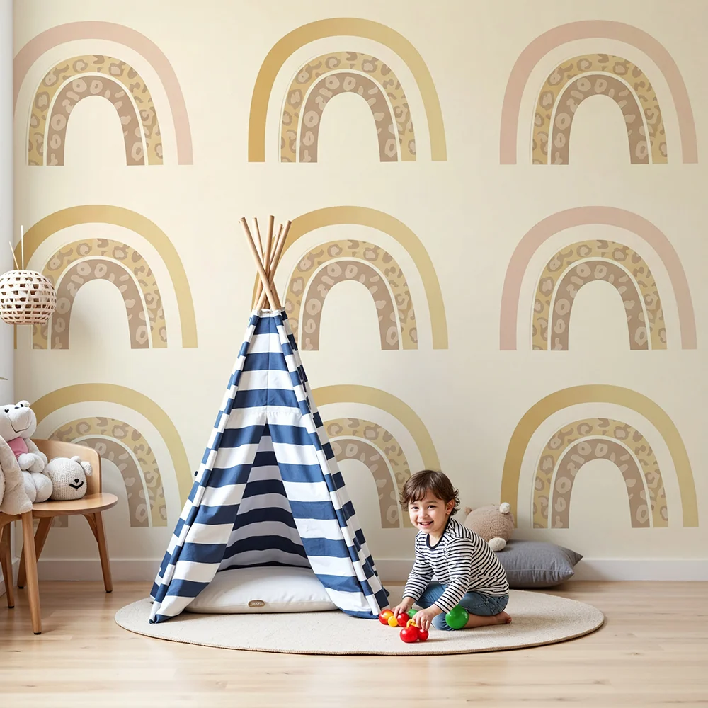 Nursery room wallpaper | Soft rainbows and animal patterns
