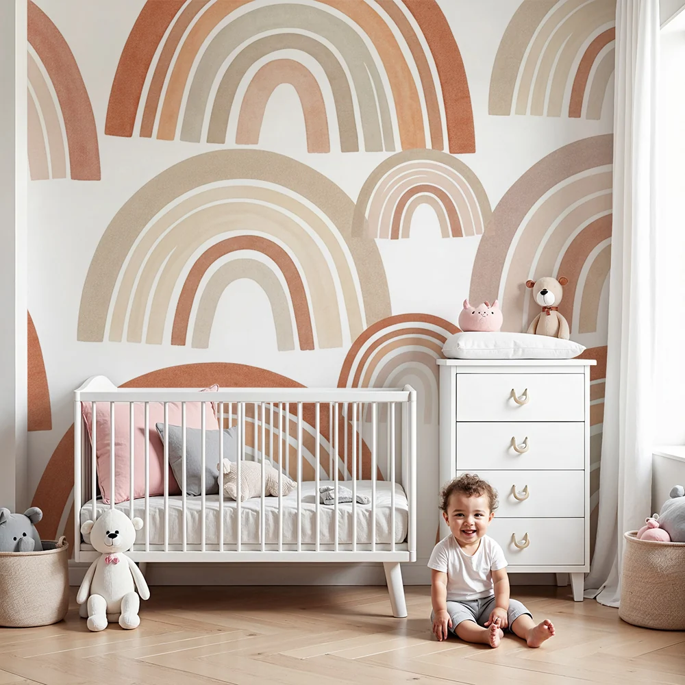 Nursery room wallpaper | Soft rainbows terracotta and beige tones