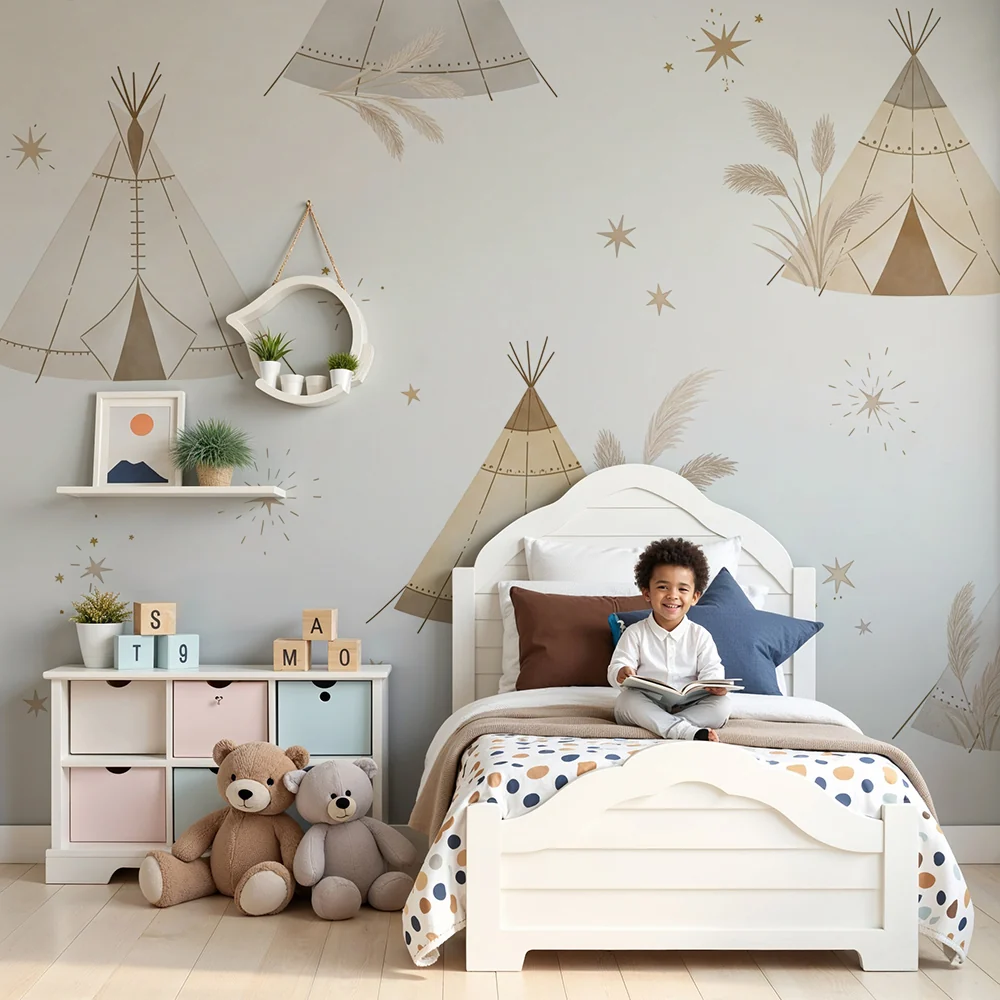 Nursery room wallpaper | Soft tipis and stars pastel atmosphere