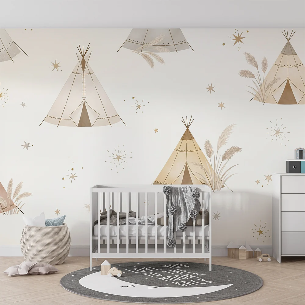 Nursery room wallpaper | Soft tipis and stars pastel atmosphere